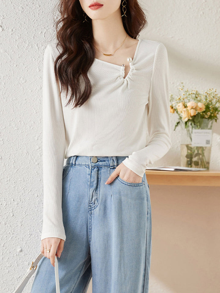 Valeria Elegant Diagonal V-neck Knitted Top-Black