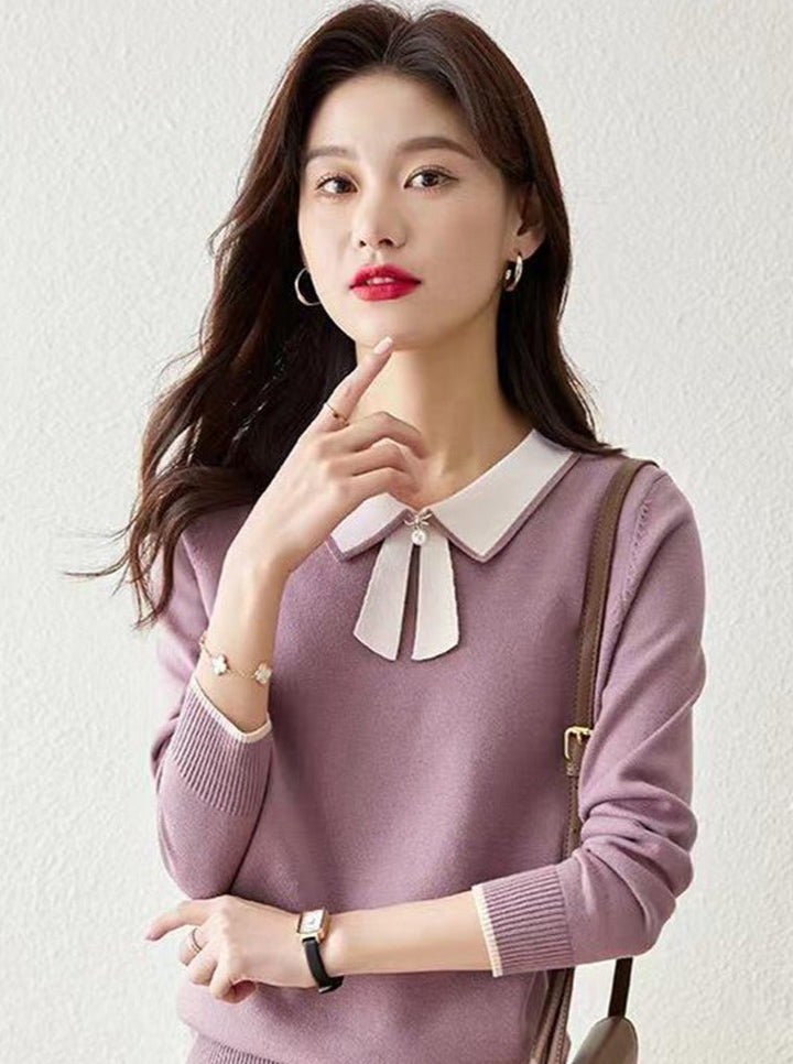 Dana French Style Contrast Color Lapel Knitted Sweater