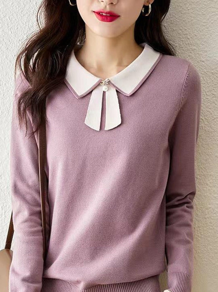 Dana French Style Contrast Color Lapel Knitted Sweater