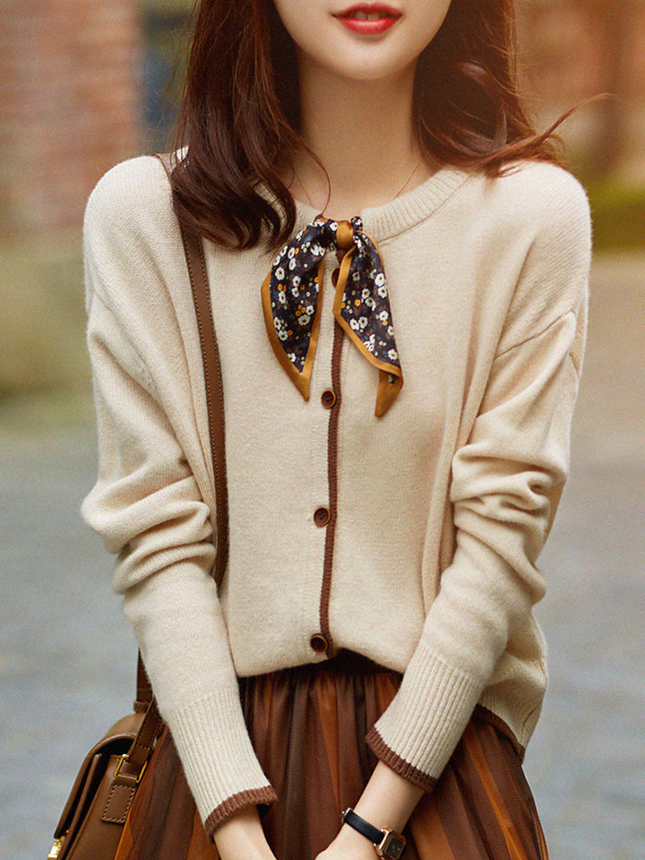 Aurora Vintage Crew Neck Cotton knitted Cardigan-Apricot