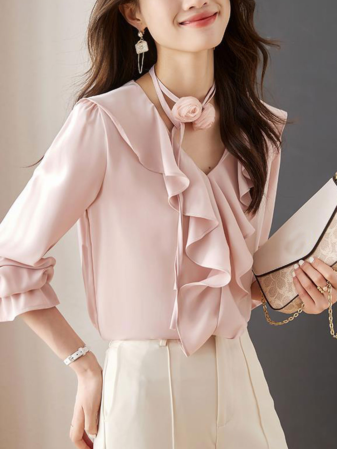 Kaitlyn Retro V-Neck Ruffled Chiffon Blouse