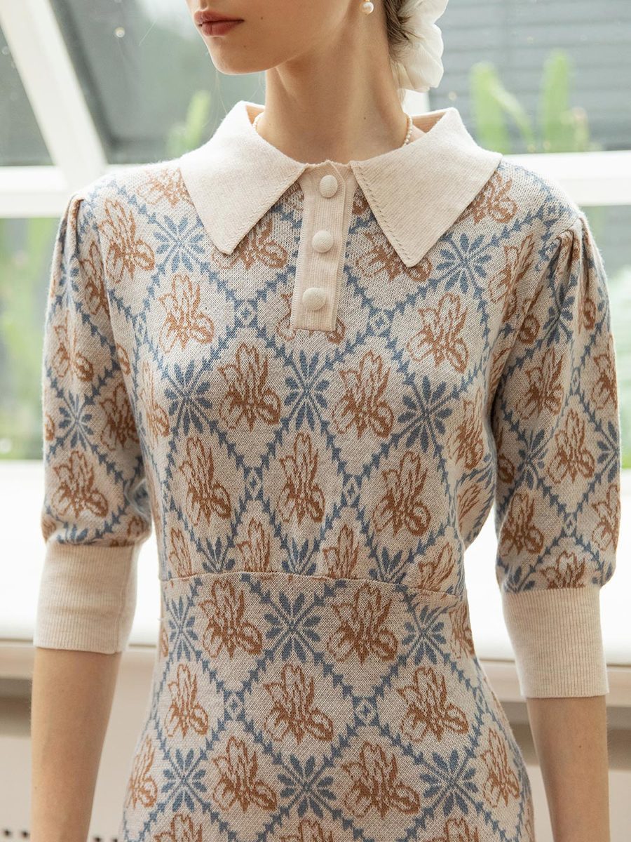 Retro Pullover Knitting Midi Dress-Light Beige