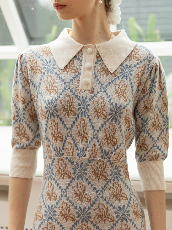 Retro Pullover Knitting Midi Dress-Light Beige