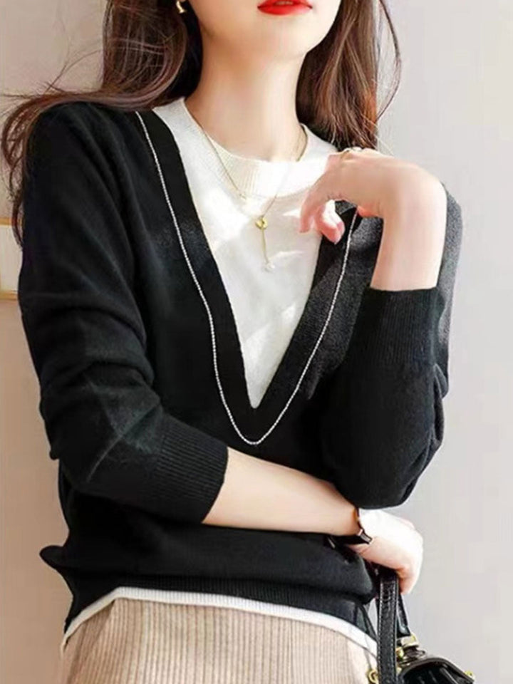 Lauren Classic Contrast Patchwork Knitted Sweater-Coffee