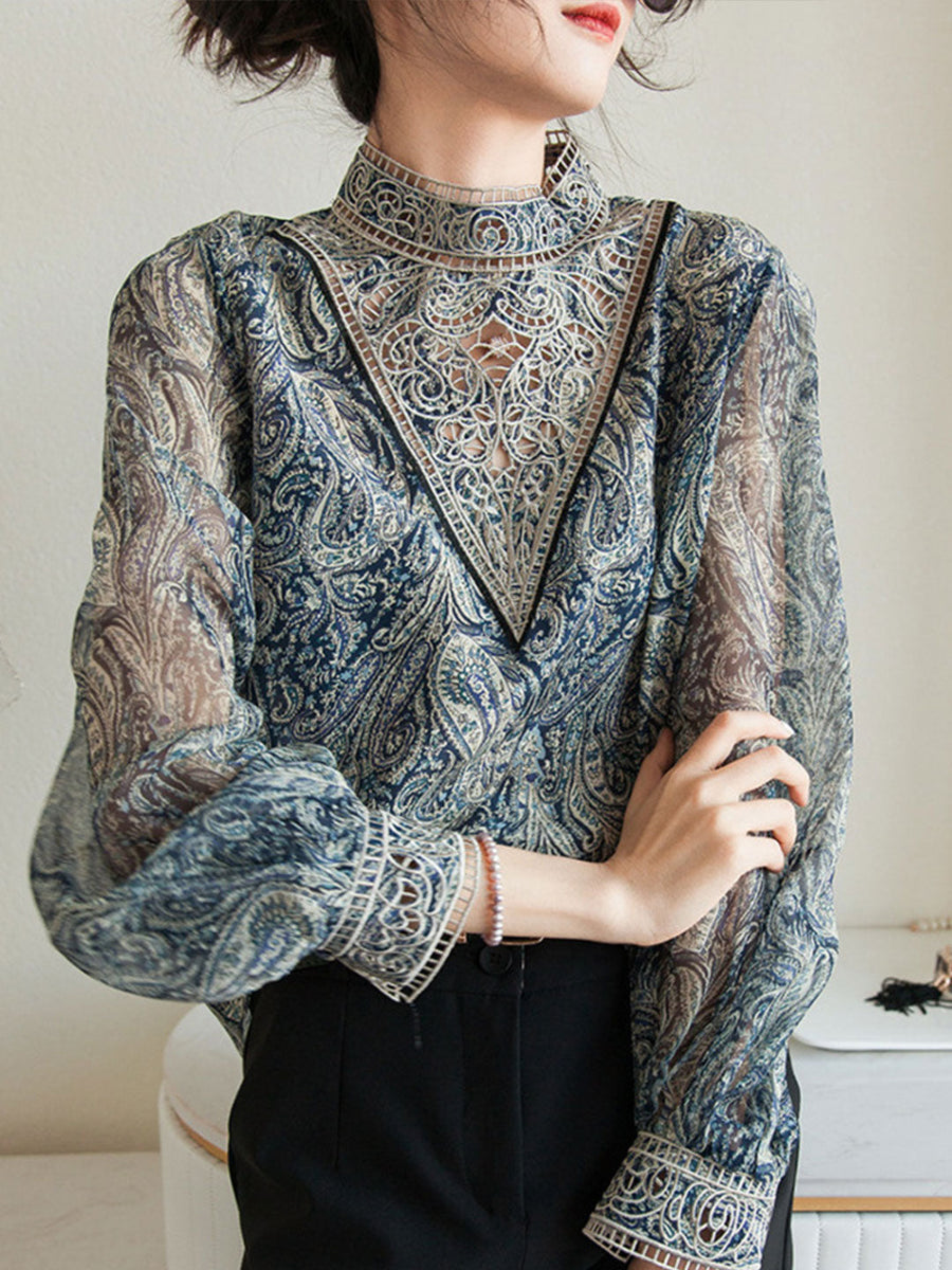 New French lapel lantern sleeve lace design shirt main image 0