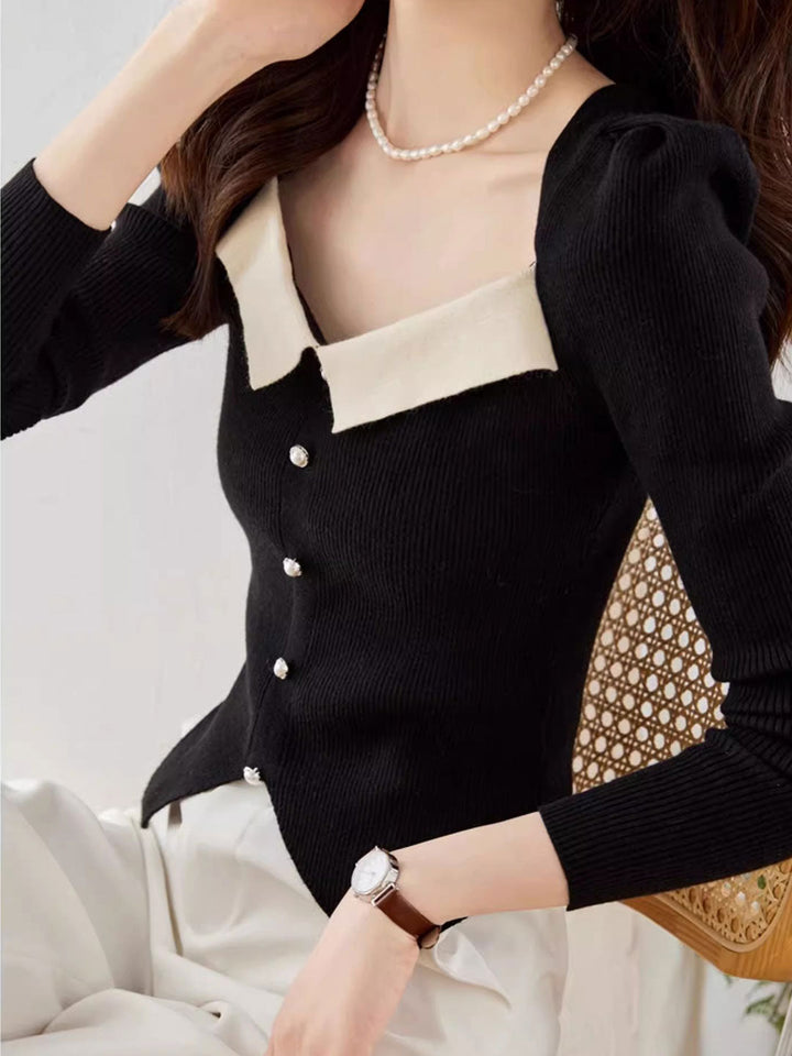 Jessica Retro Color Block Knitted Sweater-Black