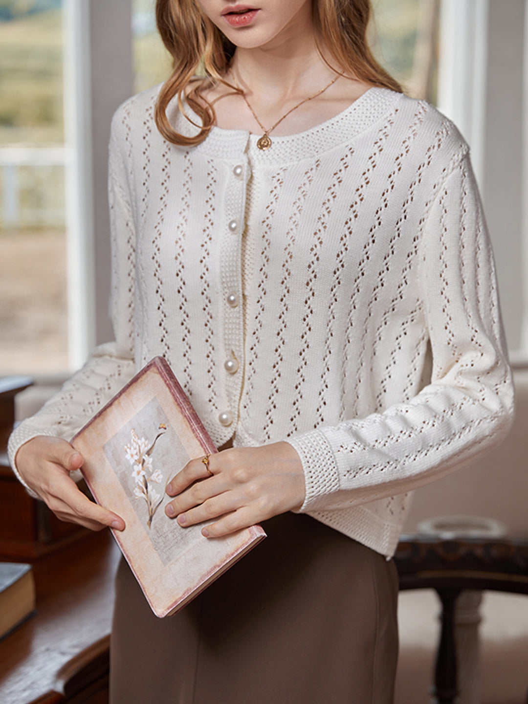 White Hollow Knit Cardigan