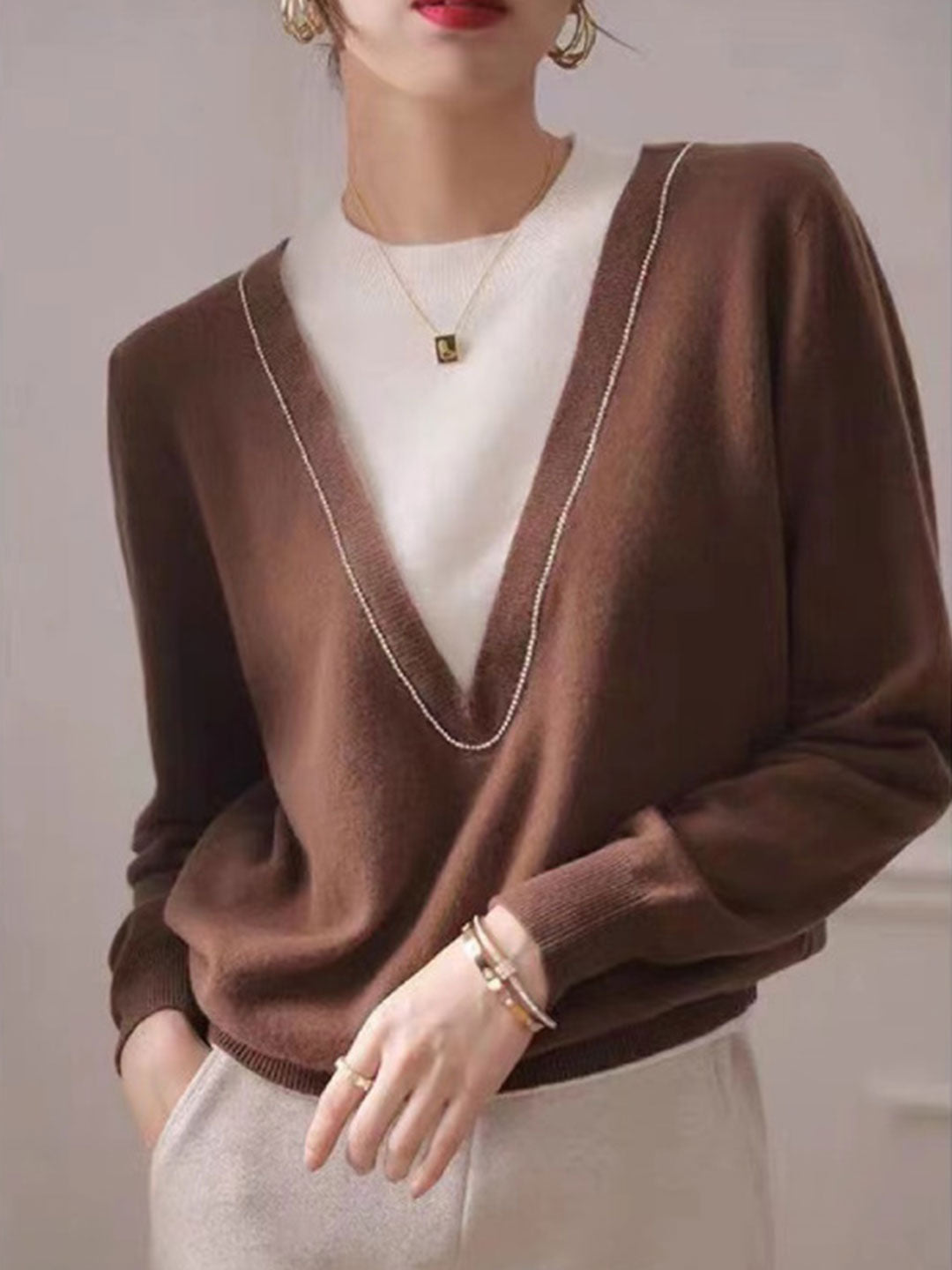 Lauren Classic Contrast Patchwork Knitted Sweater-Coffee