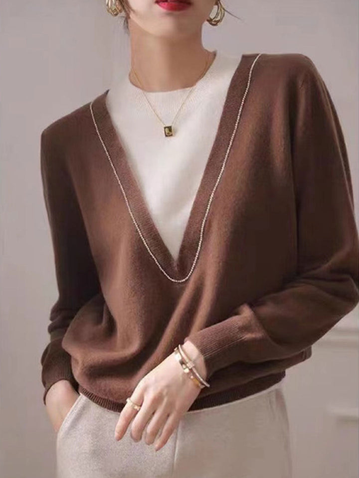 Lauren Classic Contrast Patchwork Knitted Sweater-Coffee
