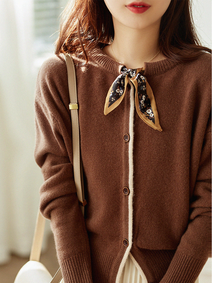 Aurora Vintage Crew Neck Cotton knitted Cardigan-Brown