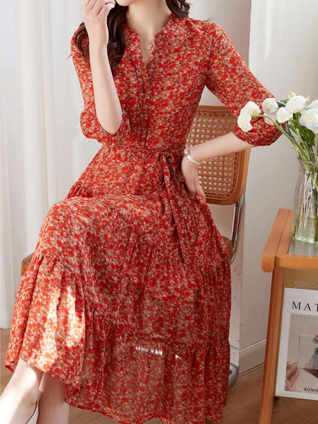 Alexis Vintage Ruffle Floral Chiffon Dress – Smile just love