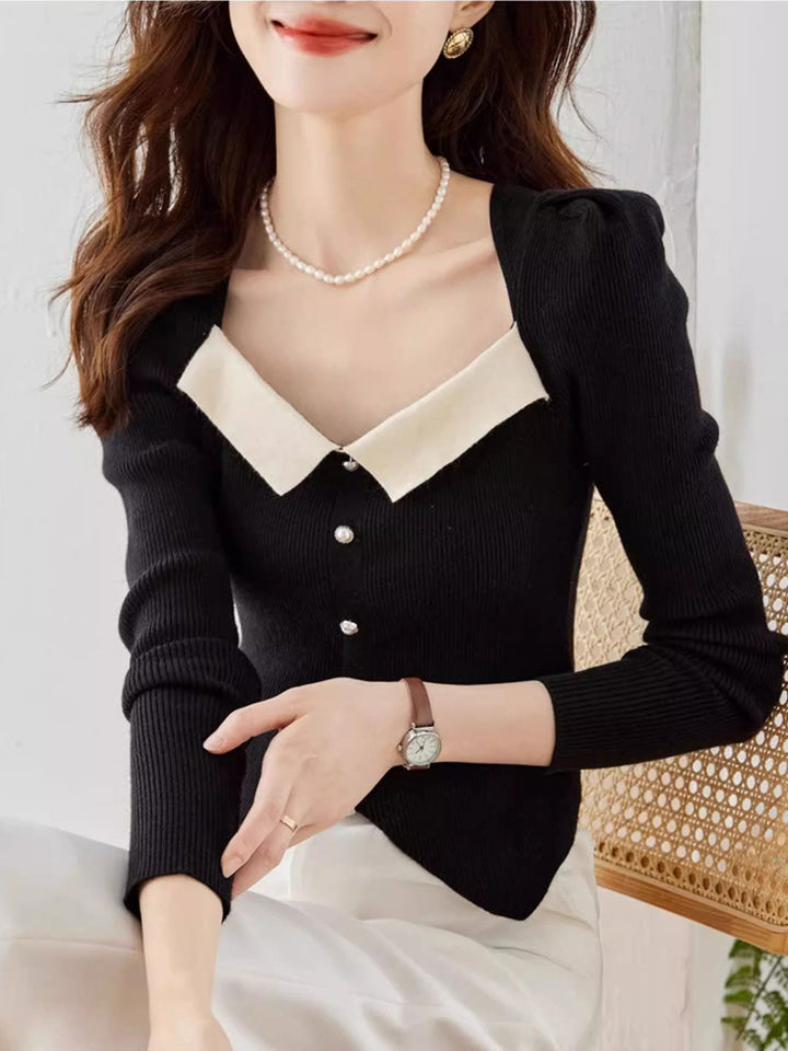 Jessica Retro Color Block Knitted Sweater-Black