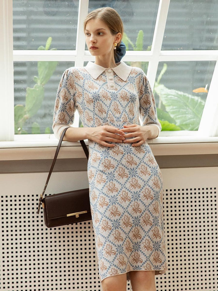 Retro Pullover Knitting Midi Dress-Light Beige