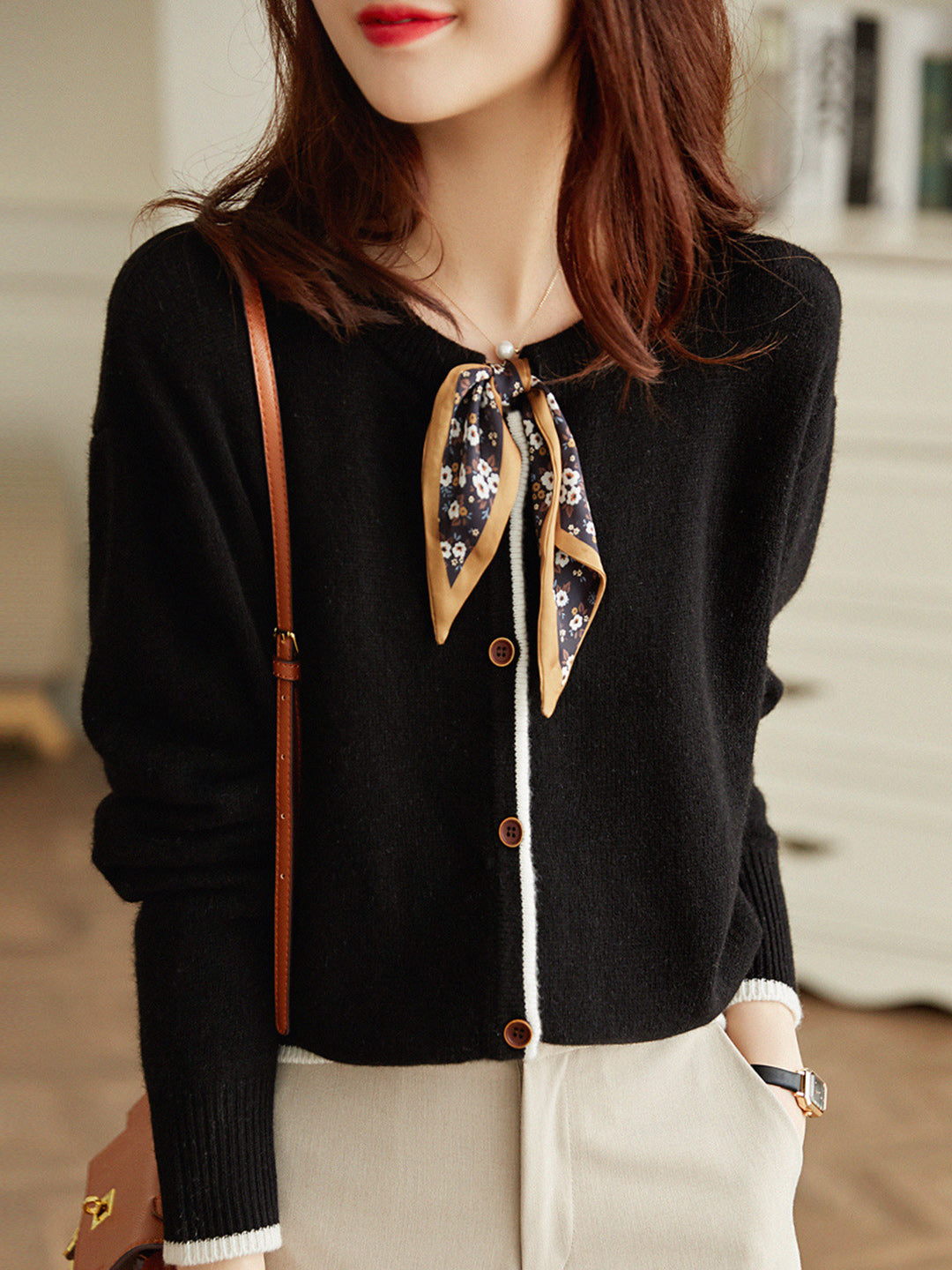 Aurora Vintage Crew Neck Cotton knitted Cardigan-Apricot