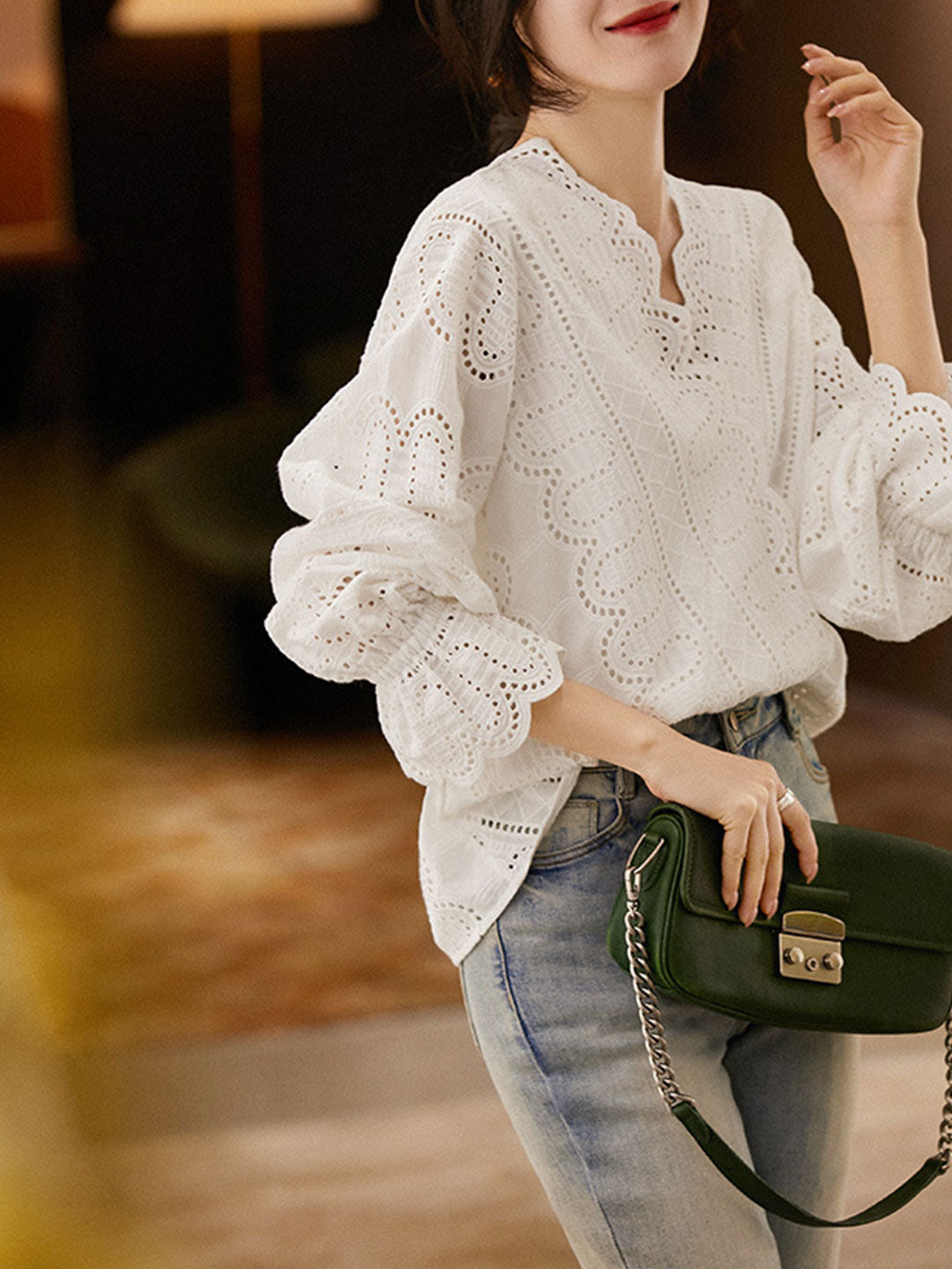 Hannah Retro Hollow Embroidered Blouse