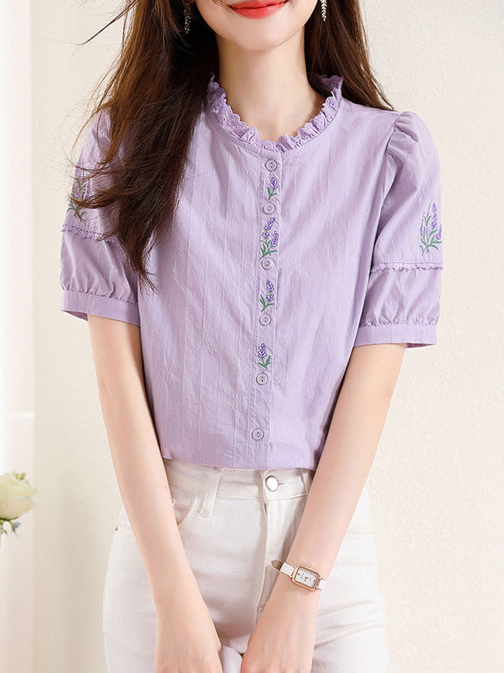Maria Retro Embroidered  Lace Puff Sleeve Shirt-Purple