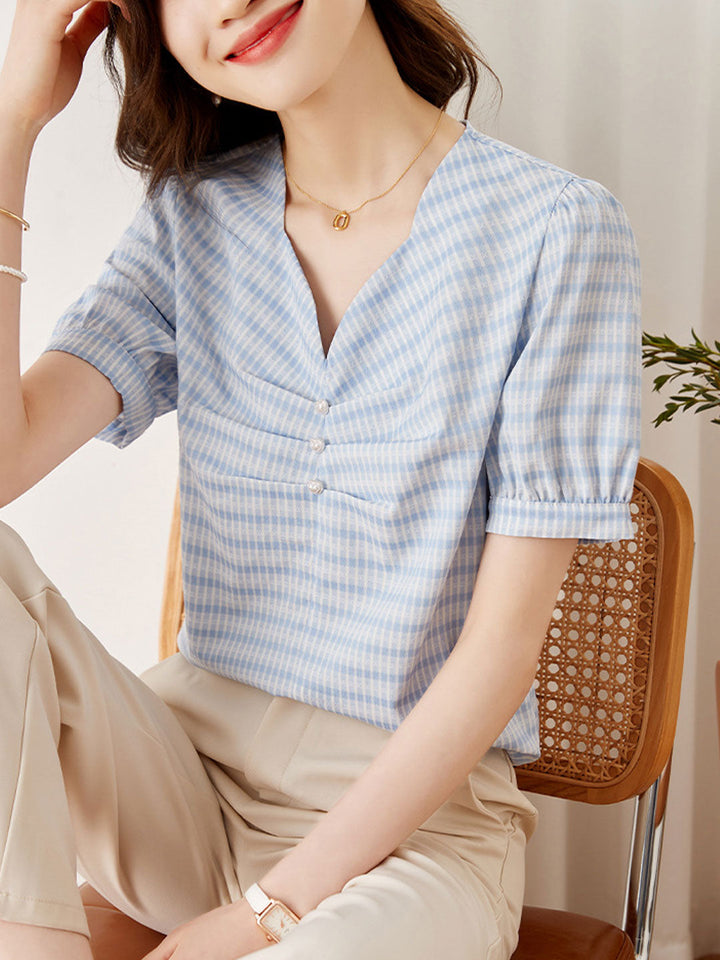 Molly Retro V-Neck Button Plaid Shirt
