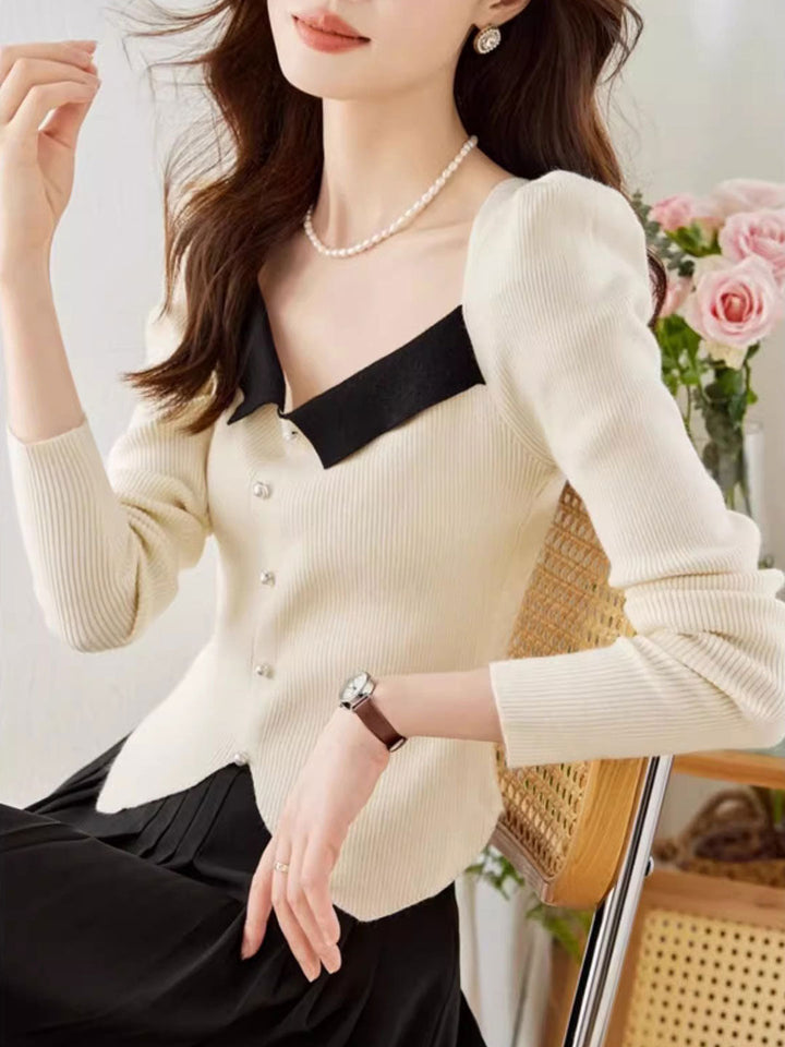 Jessica Retro Color Block Knitted Sweater-Black