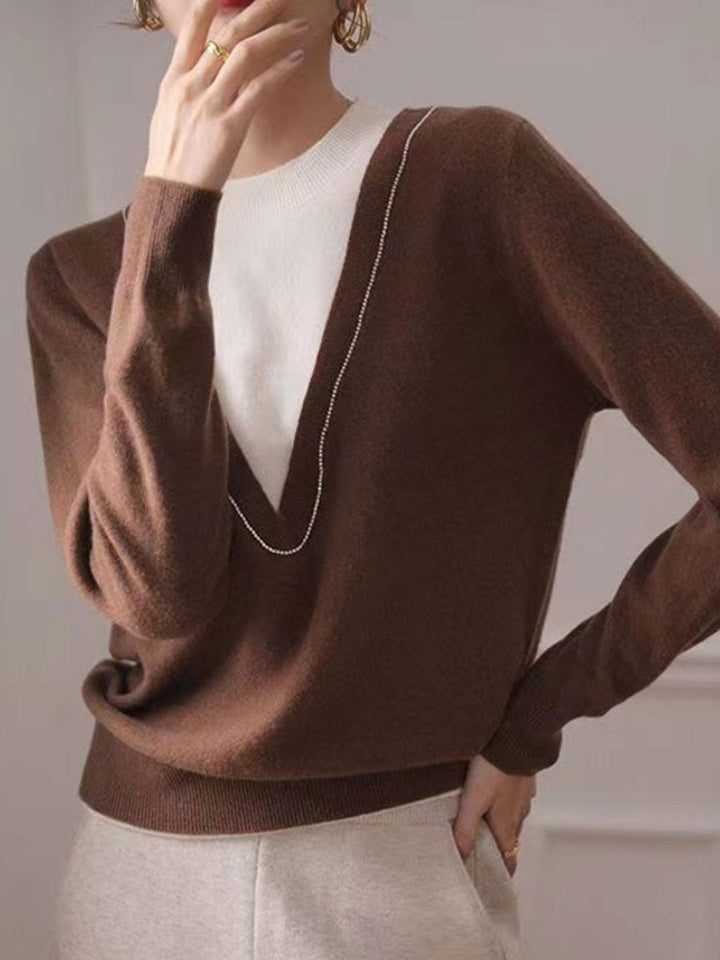 Lauren Classic Contrast Patchwork Knitted Sweater-Coffee