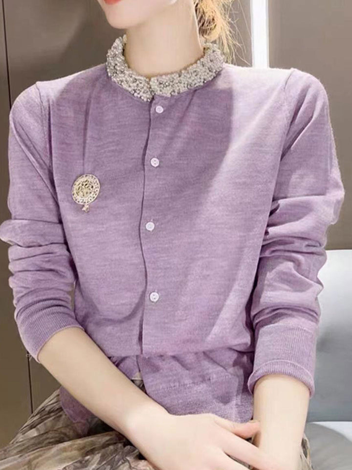 Kayla Classic Crew Neck Studded Knitted Cardigan
