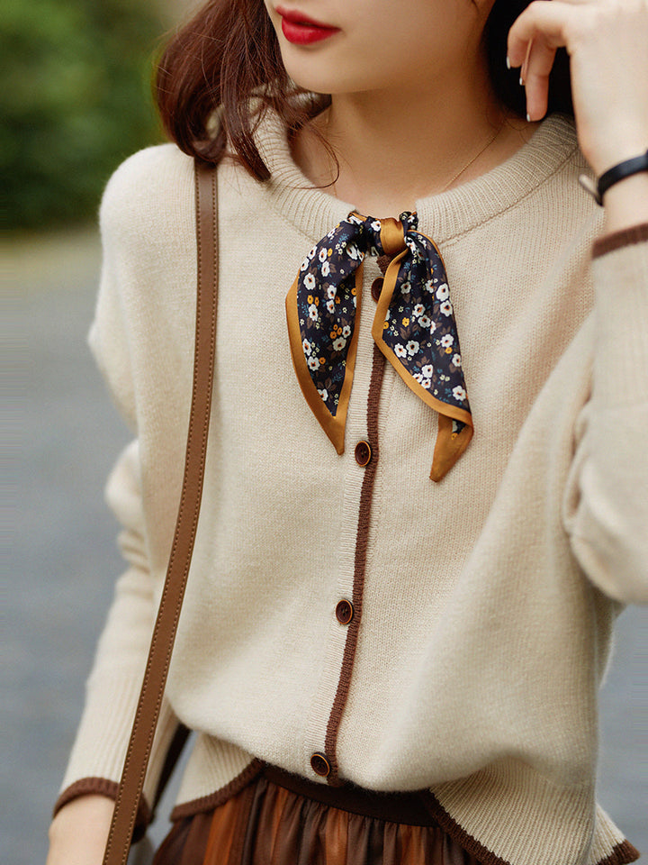 Aurora Vintage Crew Neck Cotton knitted Cardigan-Apricot