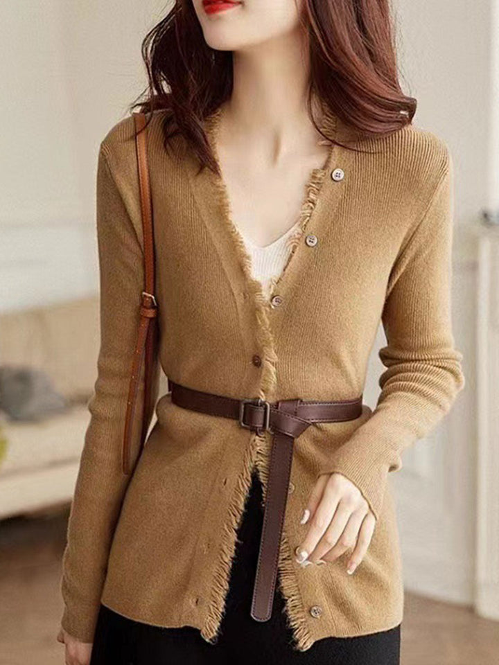 Kayla Retro Fringed Raw Edge Knitted Cardigan-Apricot