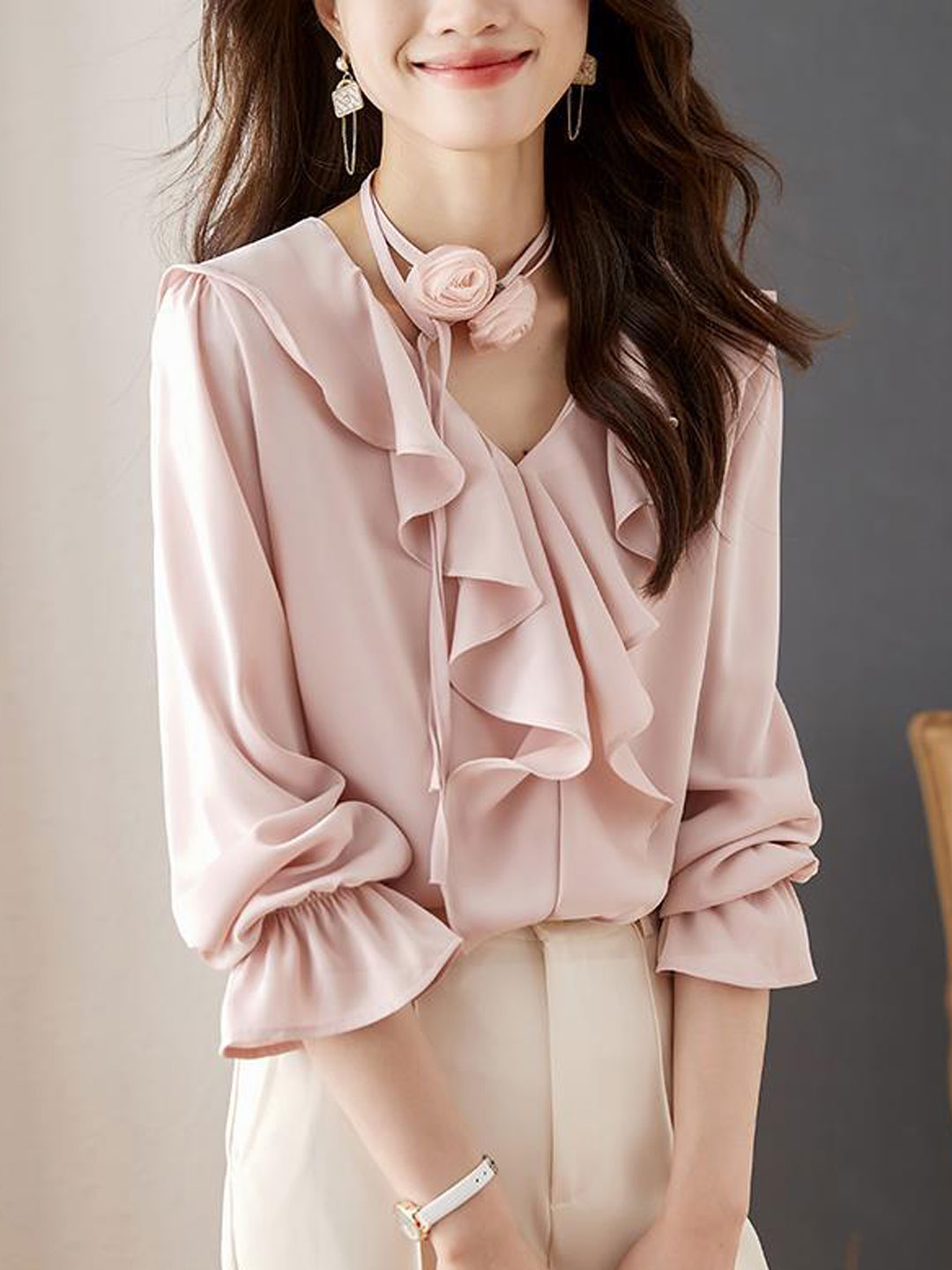 Kaitlyn Retro V-Neck Ruffled Chiffon Blouse