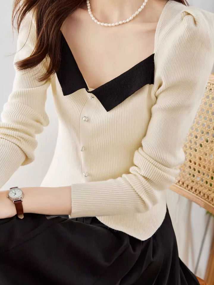 Jessica Retro Color Block Knitted Sweater-Black