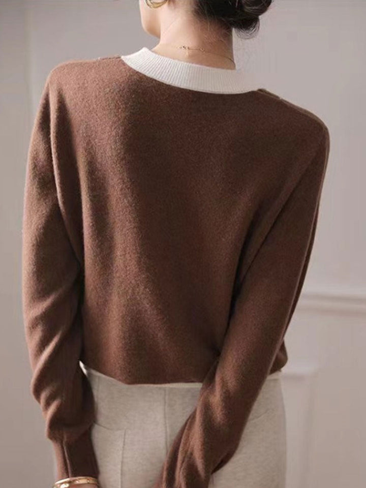 Lauren Classic Contrast Patchwork Knitted Sweater-Coffee