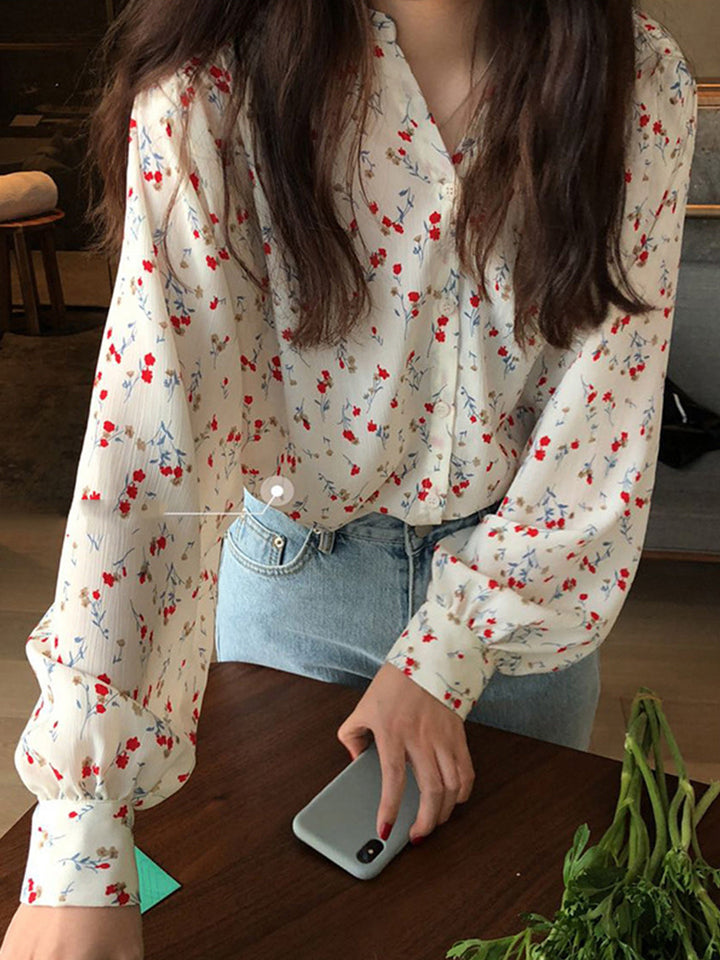 Adela Vintage Floral Print Crew Neck Blouse-White