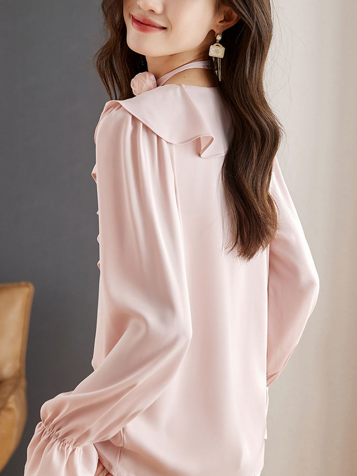 Kaitlyn Retro V-Neck Ruffled Chiffon Blouse