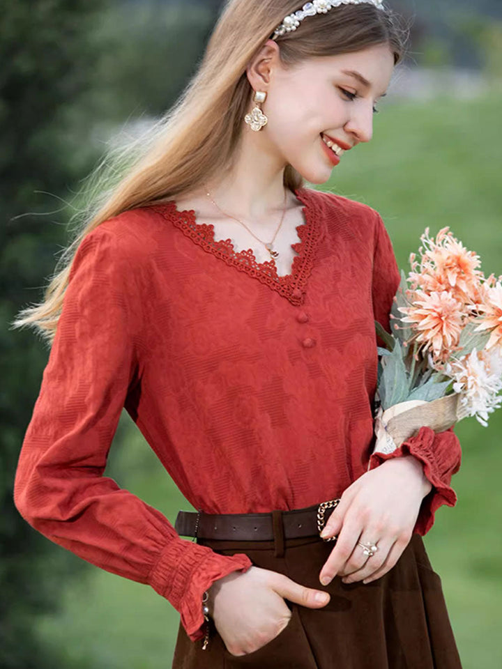 Brianna Retro V-neck Lace Collar Shirt