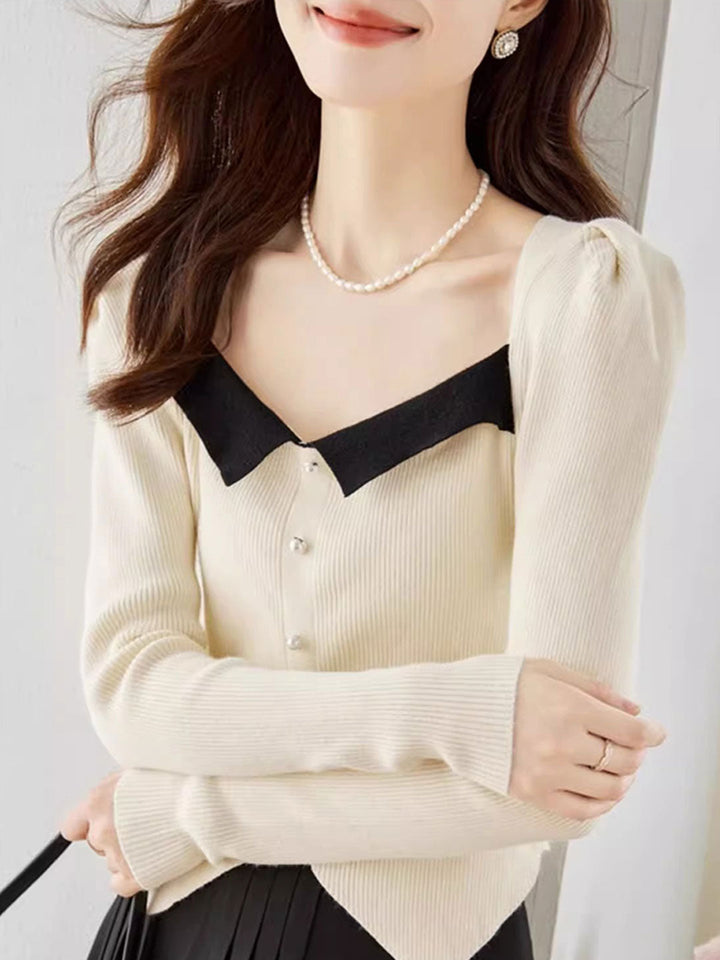 Jessica Retro Color Block Knitted Sweater-Apricot