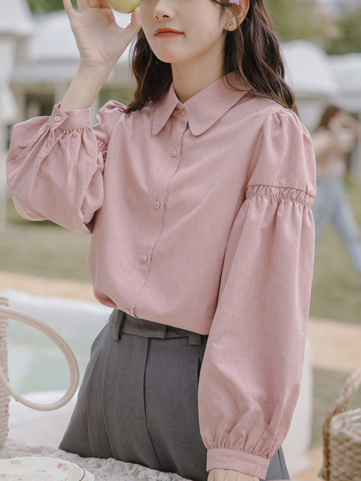 Claire Loose Solid Color Lapel Lantern Sleeve Shirt