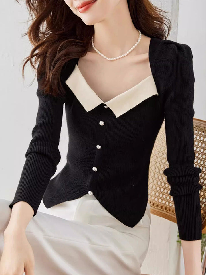 Jessica Retro Color Block Knitted Sweater-Apricot