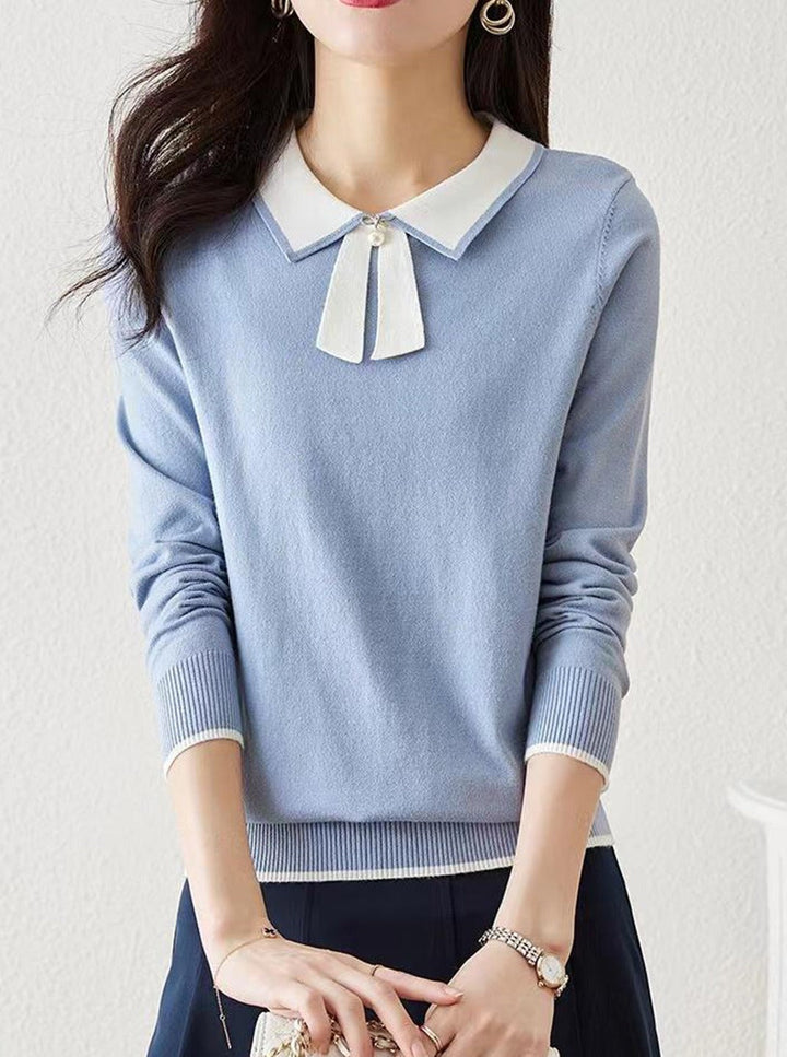 Dana French Style Contrast Color Lapel Knitted Sweater