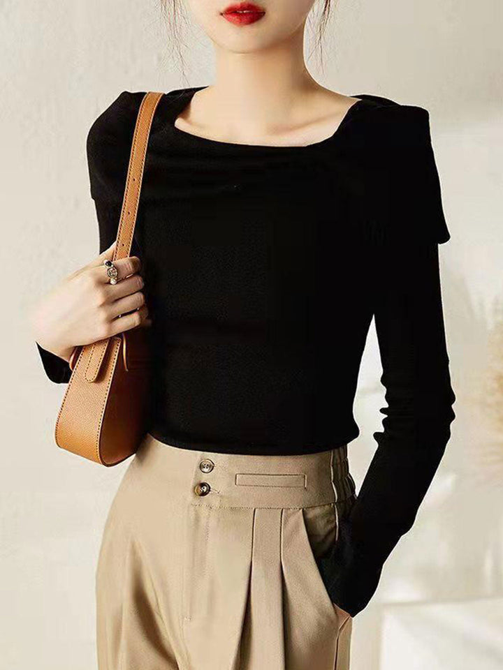 Brianna Brianna Off-Neck Bow Knitted Sweater-Black