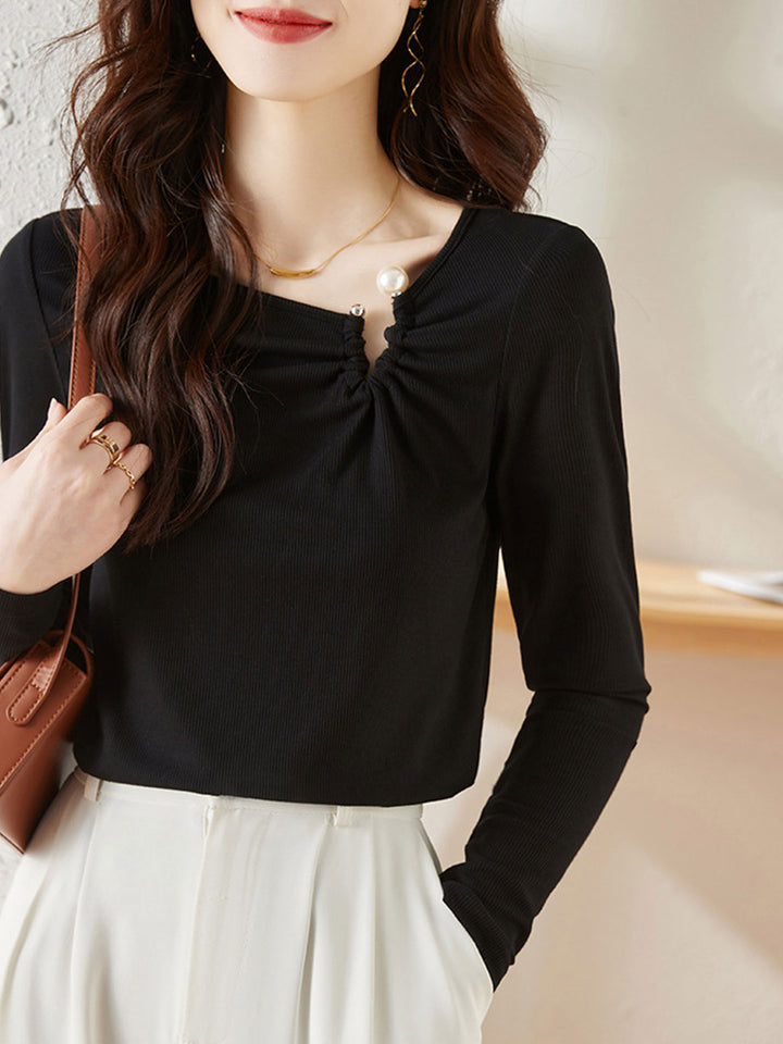 Valeria Elegant Diagonal V-neck Knitted Top-White