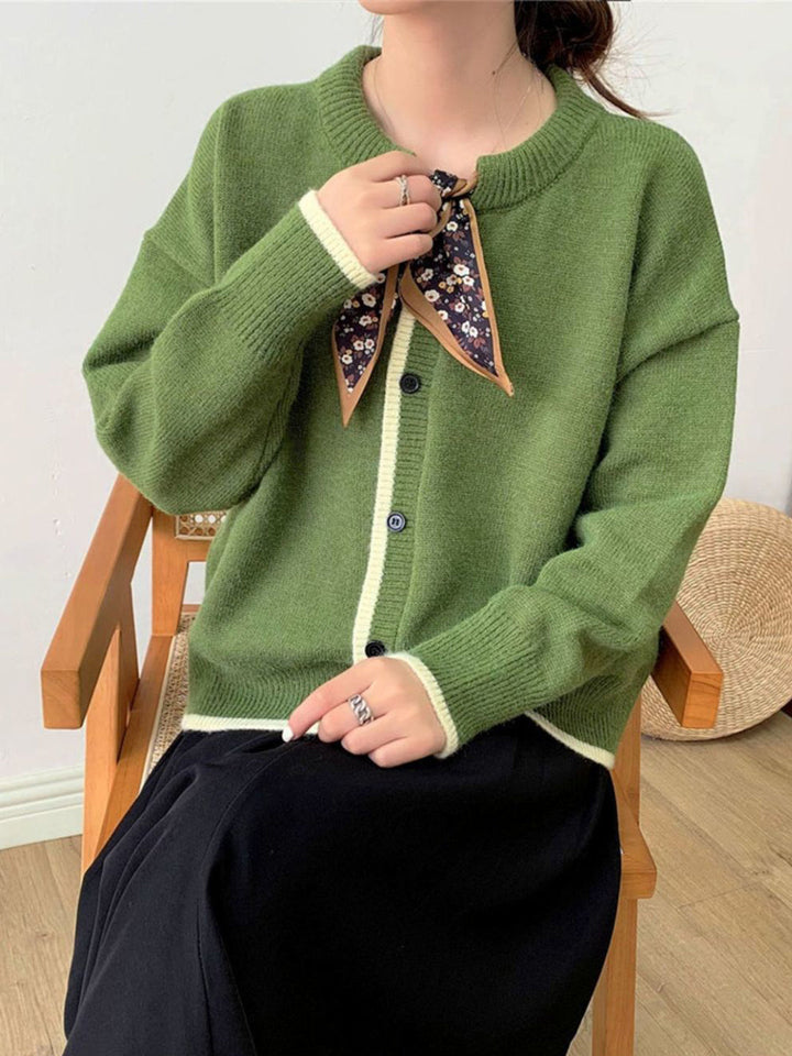 Aurora Vintage Crew Neck Cotton knitted Cardigan-Apricot