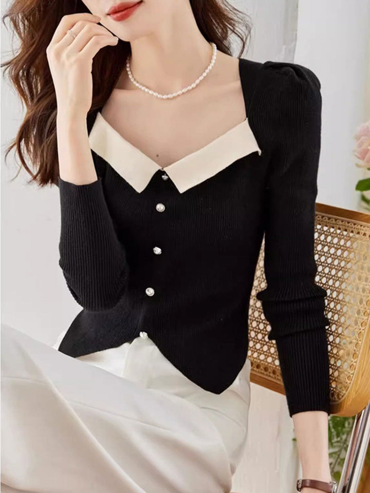 Jessica Retro Color Block Knitted Sweater-Black
