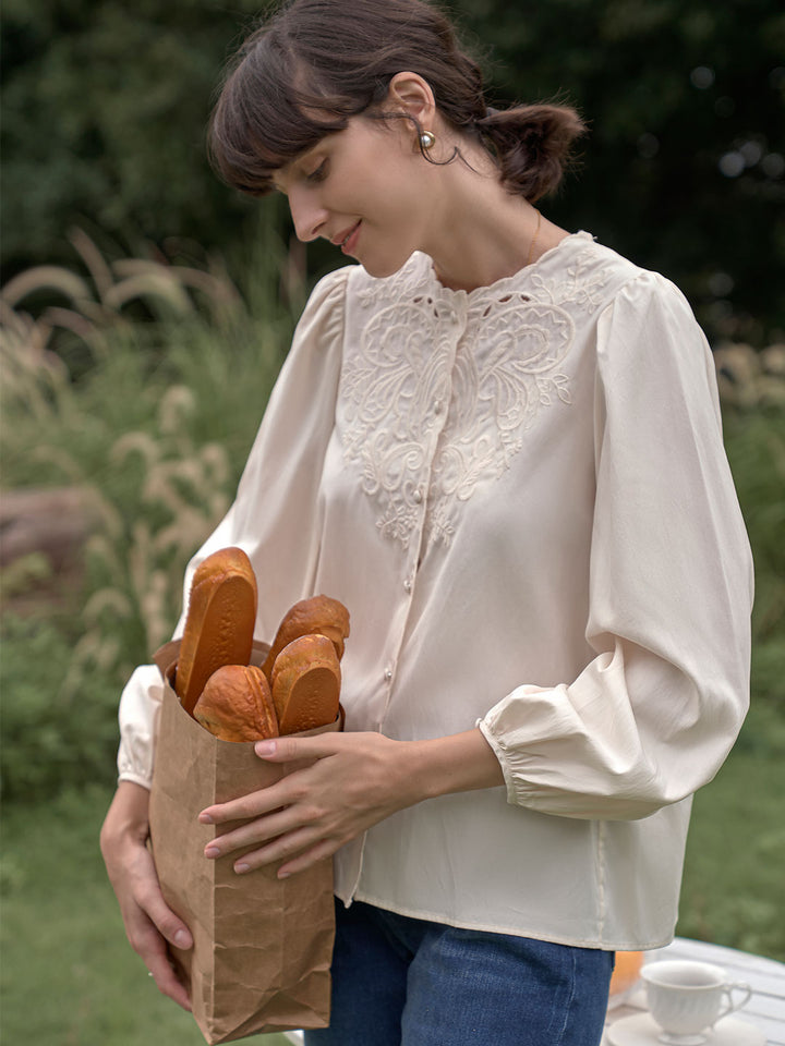 Ally Embroidered Lantern Sleeve Blouse