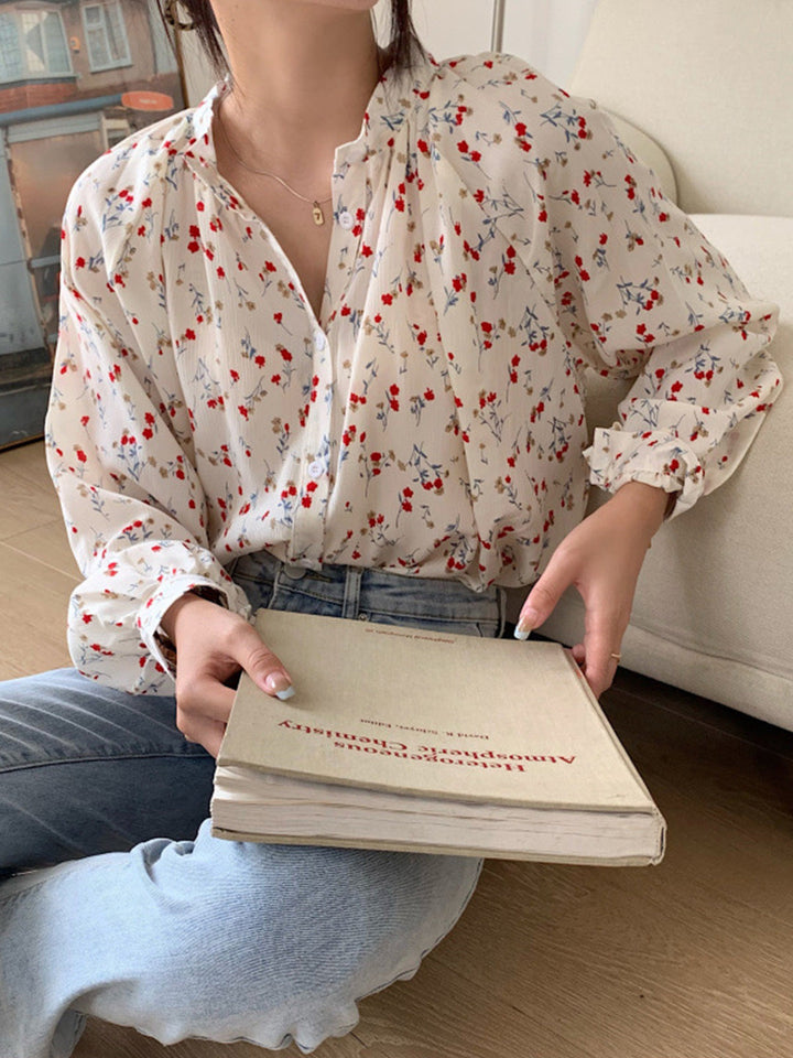 Adela Vintage Floral Print Crew Neck Blouse-White