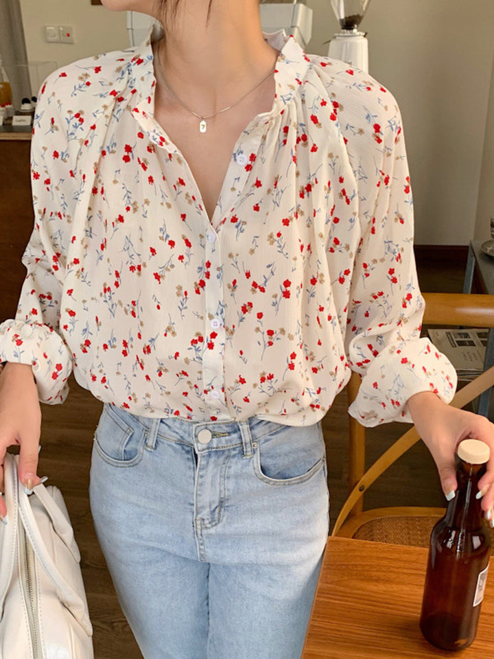Adela Vintage Floral Print Crew Neck Blouse-White
