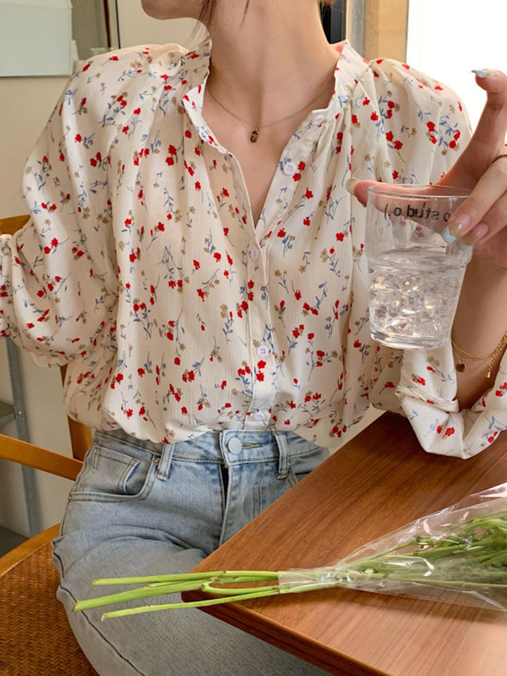 Adela Vintage Floral Print Crew Neck Blouse-White