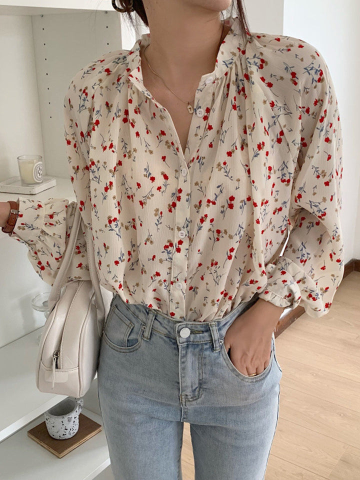 Adela Vintage Floral Print Crew Neck Blouse-White