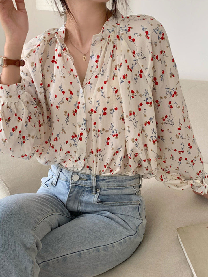 Adela Vintage Floral Print Crew Neck Blouse-White